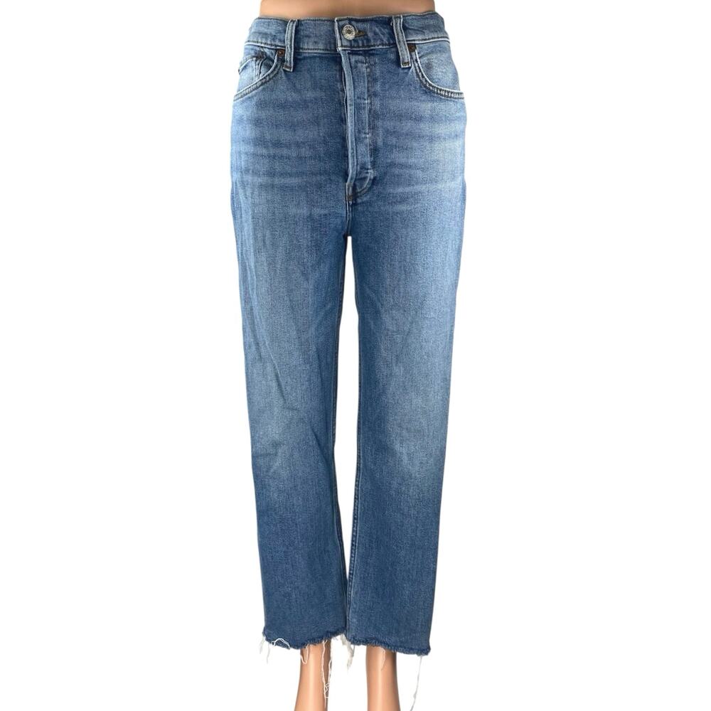 Re/Done Women's Blue Straight Leg High Waist Frayed Denim Jeans Pants Size 30